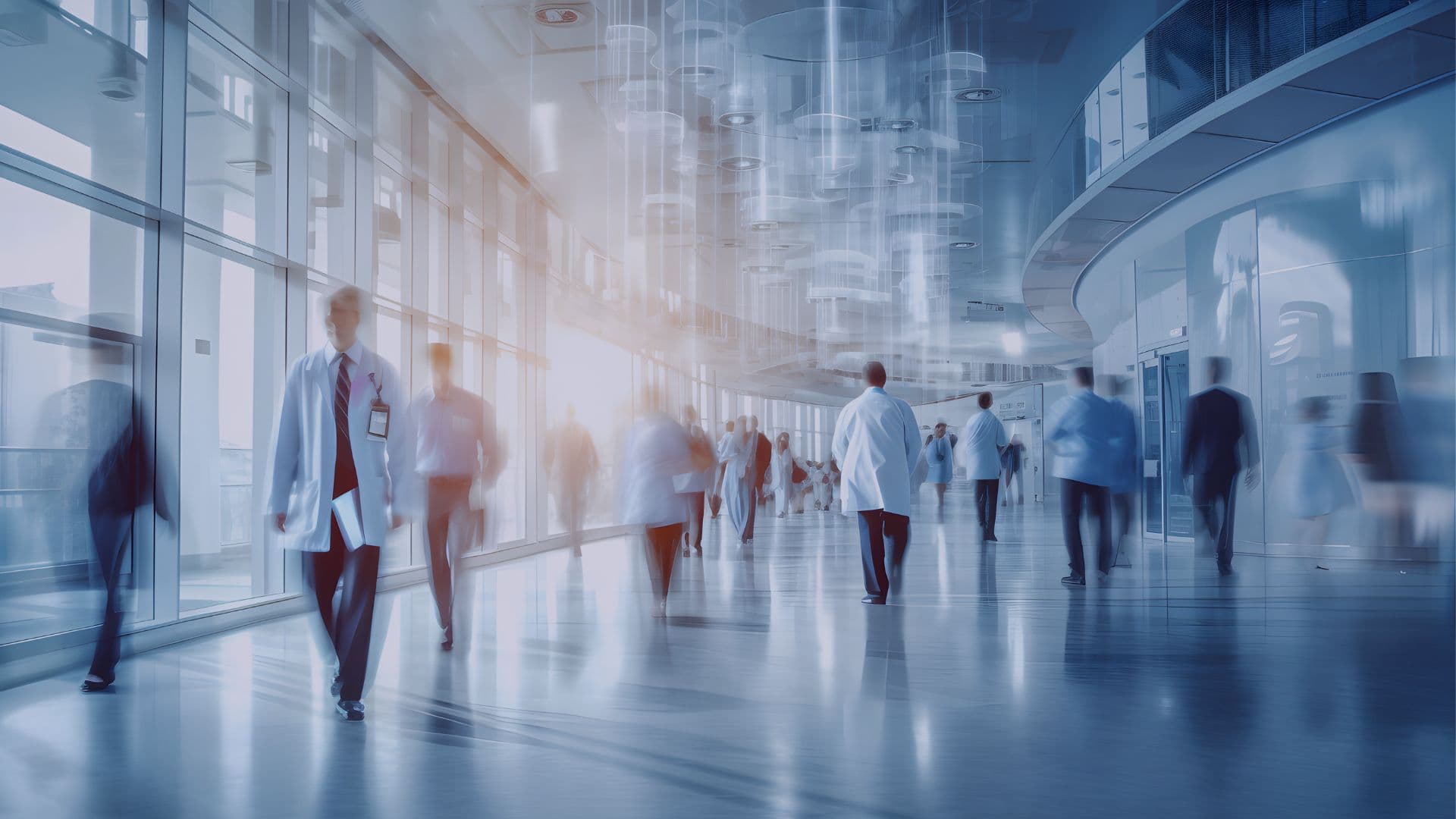 Physicians walking through a bright hospital corridor